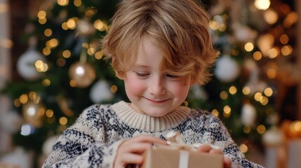 Joyful Child Unwrapping Gifts Under Festive Christmas Tree