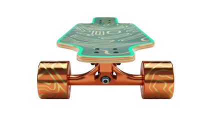 Isolated longboard with green deck design against a plain background. Perfect for print or web.