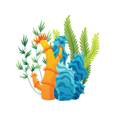 Set of watercolor seaweed and corals isolated on white background. Underwater algae. Aquarium plants collection. Vector marine life. Vector isolated corals and algae. Underwater flora