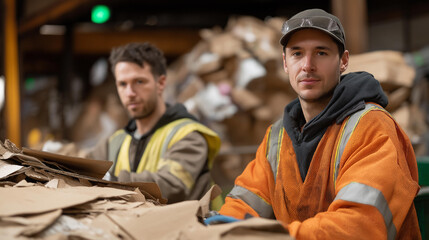 A winter recycling center processing high-volumes of cardboard and holiday waste, workers managing operations amid icy conditions and seasonal surges. cinematic color correction, natural uneven