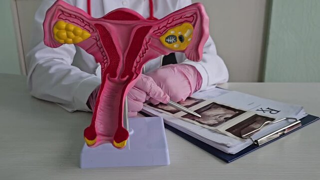 A doctor explains changes in the ovaries to a patient using a model of an artificial uterus and shows an ultrasound image