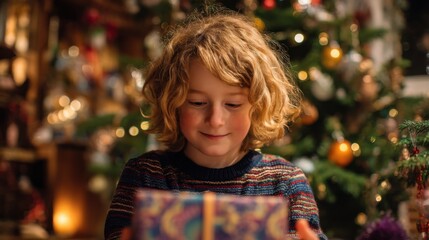 Joyful Child Unwrapping Gifts Under Festive Christmas Tree