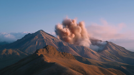A volcanic explosion viewed from a safe distance, molten ash clouds rising into the sky as researchers record seismic data — natural phenomenon, earth science, and extreme environment