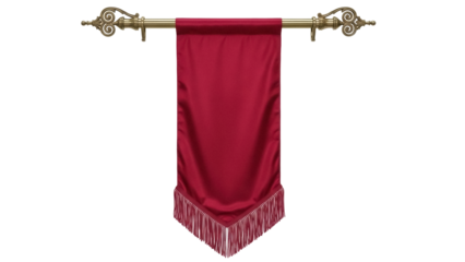 Isolated medieval banner with fringe, maroon, vintage style, decorative, fabric hanging