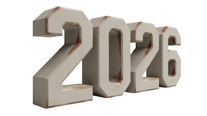 Isolated 2026 concrete numbers, future year casting with vintage decorative textured edges, age worn