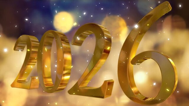 キラキラ輝くイルミネーションの丸ボケ背景　新年・正月・元日の年タイトル　金色3dの2026のテキストシンボル　お祝い・イベント・パーティーの背景　降りかかる紙吹雪　