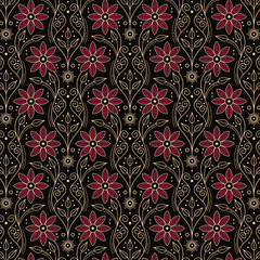 Elegant Dark Floral Motif with Gold Swirls and Burgundy Flowers