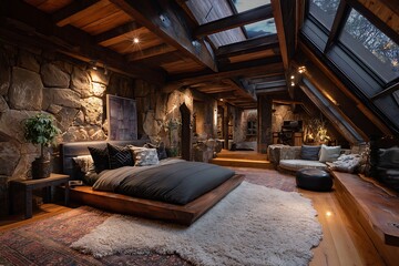 A luxurious and inviting bedroom with stone walls, wooden ceiling, skylight, and comfortable furniture creating a cozy atmosphere.