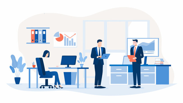 Successful business people sitting at a table in a modern office room during a meeting with a 3d vector illustration of a success chart and graph