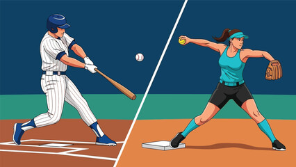 Illustration of a baseball player swinging a bat and a softball player pitching with a split-screen design in a sports-themed graphic.