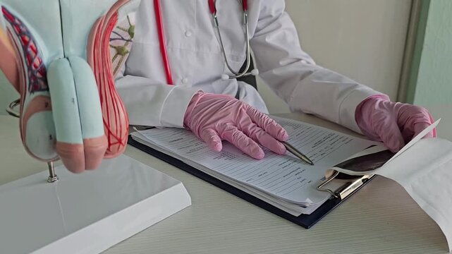 Doctors counseling patients with prostate cancer and using a penis model to show patients with prostate cancer Prostate cancer treatment concepts