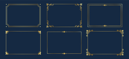 Elegant gold line frames on blue background, hand drawn vector set