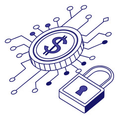 Glowing blue dollar coin with circuit lines and padlock