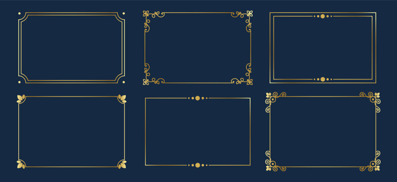 Elegant gold line frames on blue background, hand drawn vector set