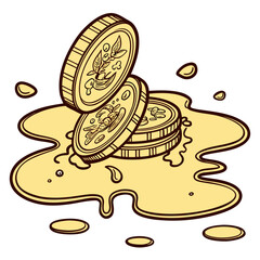 Gold coins melting on white background melting coins