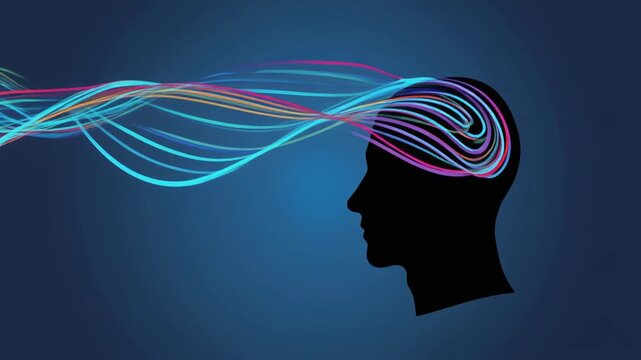 Abstract vector illustration of a human head silhouette with vibrant, flowing light trails emanating from the brain, symbolizing thought processes, creativity, intelligence, and information flow