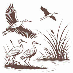 Brown wetland birds flying and standing in water with reeds