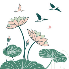 Pink and green lotus flowers with flying birds green leaves