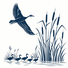Dark blue bird flying over water with flock near cattails