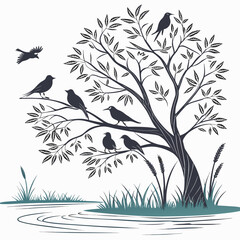 Black birds sitting on tree branches with grass and water