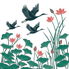 Dark green cranes flying above pink lotus flowers and green leaves