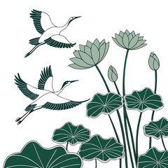 White birds flying around large green lotus flowers and leaves