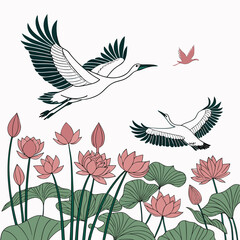 White birds flying over pink lotus flowers and green leaves