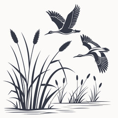 Birds flying over cattails and water plants flying birds