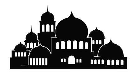 a striking black silhouette of a detailed mosque structure with multiple domes and minarets silhouette