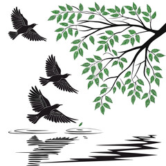 Black birds swooping down toward green leafed tree and water