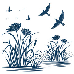 Dark blue silhouette of birds flying over water plants