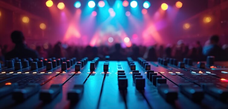 Close up on sound mixing board with blurred concert crowd and stage lights in background. Audio equipment controls adjust volume for live performance event. Music producer at work.