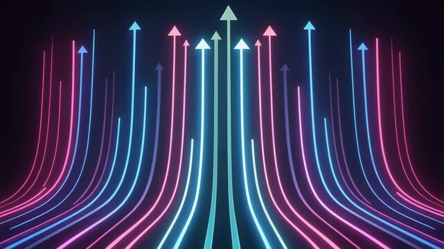 Futuristic vector illustration of vibrant glowing lines transforming into upward arrows, depicting accelerating progress, success, and dynamic business growth