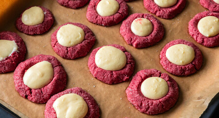 Freshly Baked Red Velvet Thumbprint Cookies with Cream Cheese Filling – Holiday Treat