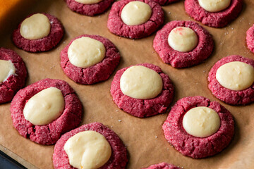Freshly Baked Red Velvet Thumbprint Cookies with Cream Cheese Filling – Holiday Treat