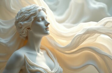 Sculpture of woman draped in smooth fabric. Female statue shows elegance, grace. Artwork evokes calmness, serenity, fine art, sophistication. Ideal for themes about beauty, fashion, art, history,