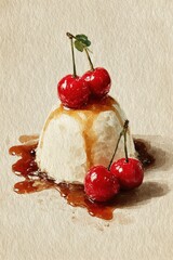 Vintage watercolor illustration of panna cotta dessert with cherries and caramel sauce, hand painted sweet treat on textured antique paper background