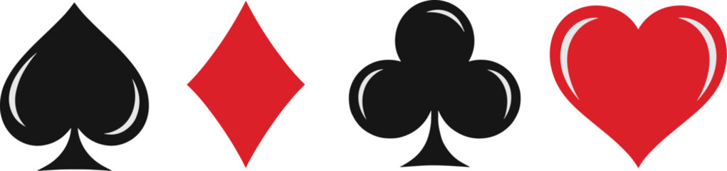 Obraz premium Stylized Playing Card Suit Icons Featuring Spade, Diamond, Club, and Heart Symbols in Bold Red and Black Horizontal Arrangement