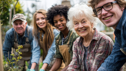 Group of diverse young adults and elderly people smiling together in a community gardening activity outdoors