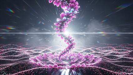 Abstract digital representation of a vibrant glowing DNA double helix spiraling with luminous