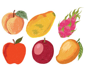 Tropical fruit set. Fruit artwork for for t shirt and poster. Fresh apple, mango, dragon, papaya, passion fruit artwork.
