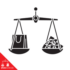 Scales with shopping bag and money vector icon for consumer rights day