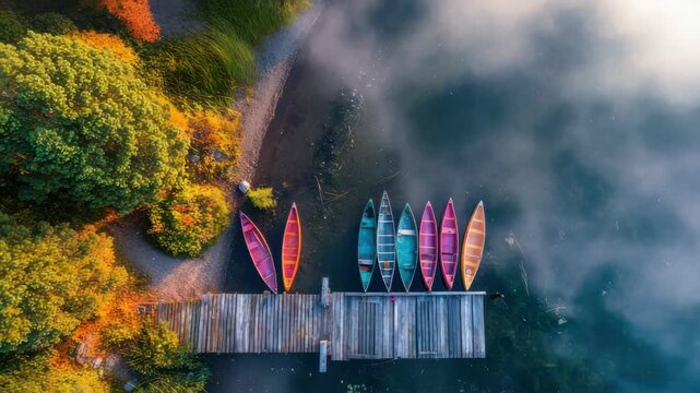 Aerial View of Pink and Green Canoes Docked on Wooden Pier by Lush Autumnal Forest and Misty Lake with Soft Lighting