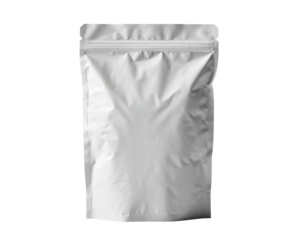 Plain white stand-up pouch with zipper seal,  isolated on transparent background, png, ready for product packaging.