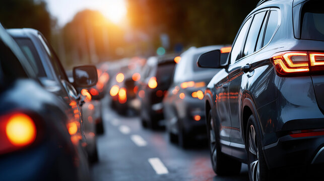 Cars stuck in traffic jam, vehicular congestion, road gridlock, rush hour standstill, transportation delay, multiple vehicles queued, highway backup visualization, with copy space