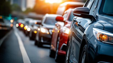 Naklejka premium Traffic jam congestion with rows of cars on highway or motorway in rush hour, vehicular gridlock, road standstill, commuter delay, transportation bottleneck, multiple vehicles queued, with copy