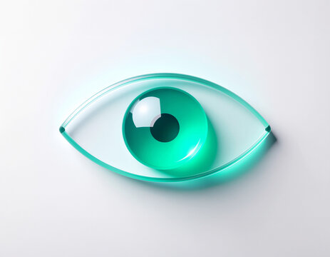 Translucent turquoise 3D eye with glossy illuminated iris and pupil on white background, symbolizing vision, awareness, AI, surveillance, and futuristic visual technology.
