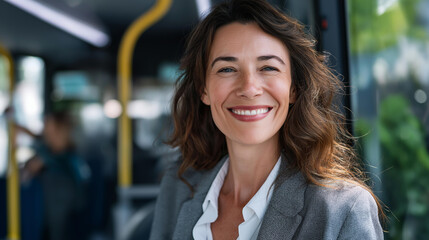 Faceless smiling businesswoman reducing air pollution using bus for eco friendly work commute, sustainable transportation choice, public transit user, environmental consciousness, defocused
