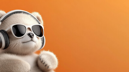Adorable baby bear cartoon character wearing stylish white sunglasses and headphones, enjoying music and relaxing, creating a cool and playful mood in a trendy concept