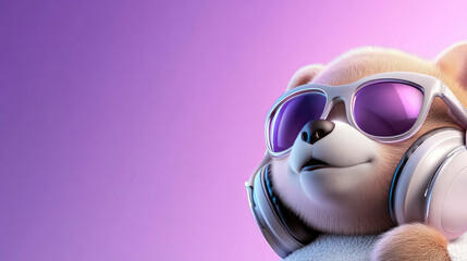 Adorable 3D animated bear character presenting a cheerful and trendy expression while sporting modern headphones and stylish shades, conveying a youthful and musical theme